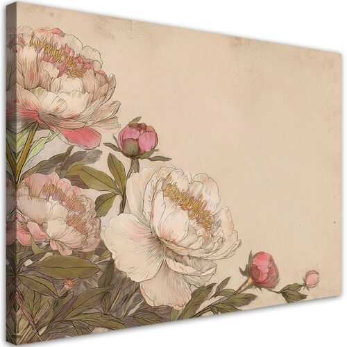 Lærred print, Pink pæoner Blomster Retro Beige