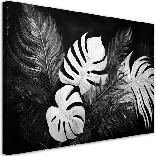 Lærred print, Monstera-blade Sort og hvid