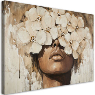 Lærred print, Kvinde med blomster på hovedet Beige