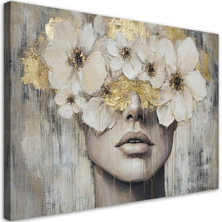 Lærred print, Kvinde blomster gylden beige