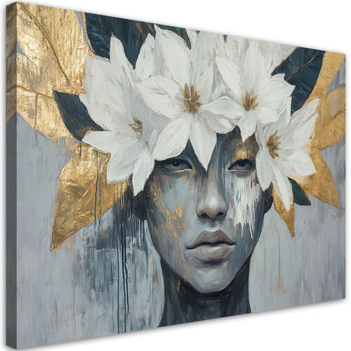 Lærred print, Kvinde med blomster på hovedet grå guld