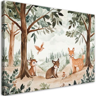 Lærred print, Fawn fugl skovdyr beige