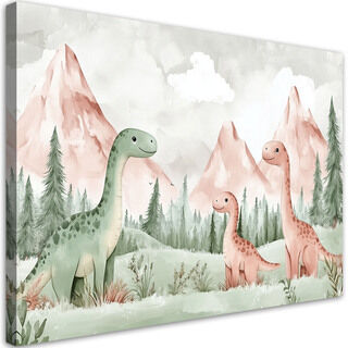 Lærred print, Dinosaurer Bjerge Skov Grøn