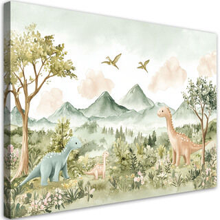 Lærred print, Glade dinosaurer Bjerglandskab