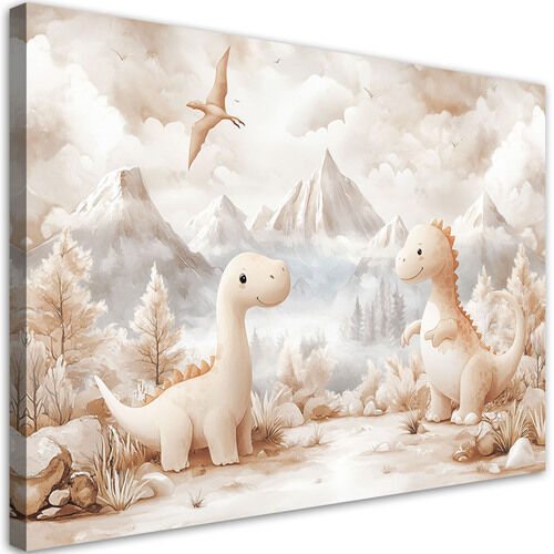 Lærred print, Søde små dinosaurer Landskab Beige