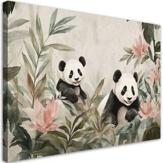 Lærred print, Pandabjørne i blomster