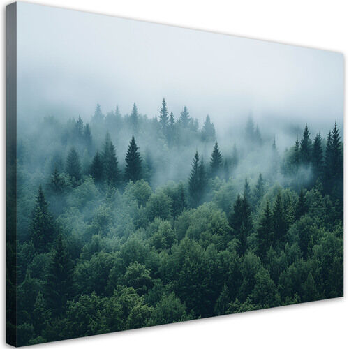 Lærred print, Grøn skov i tågen naturlandskab