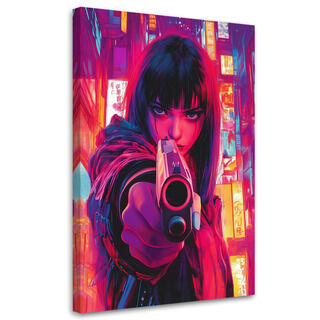 Lærred print, Kvinde med pistol Cyberpunk