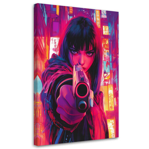 Lærred print, Kvinde med pistol Cyberpunk