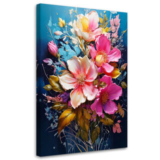 Lærred print, Blomsterbuket Oliemaleri Blå baggrund