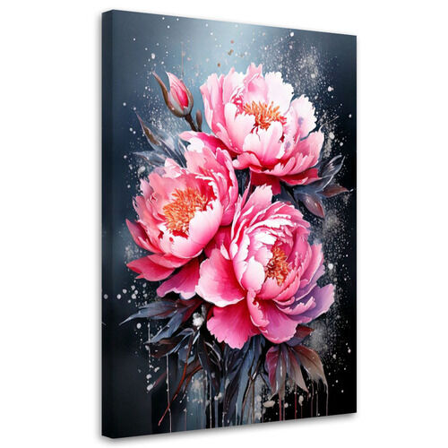 Lærred print, Pæoner Lyserøde blomster Akvarel Mørk baggrund