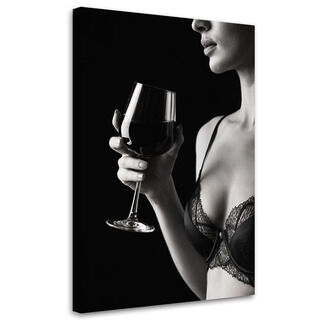 Lærred print, Kvinde i lingeri med et glas vin