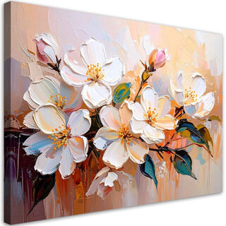 Lærred print, Malede hvide blomster i beige