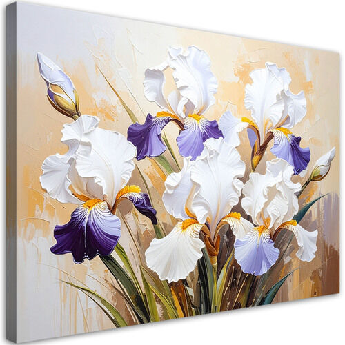 Lærred print, Hvide irisblomster på abstrakt beige baggrund