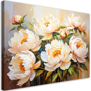 Lærred print, Pæoner blomster på beige baggrund imiteret maling