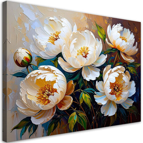Lærred print, Cremefarvede pæoner blomster på beige baggrund