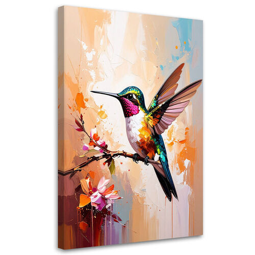 Lærred print, Farverig kolibri på en gren