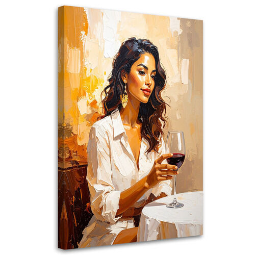 Lærred print, Kvinde med et glas vin ved et bord