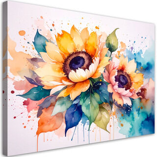 Lærred print, Solsikker Blomster Akvarel