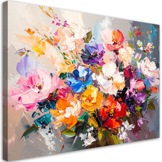 Lærred print, Farverig buket blomster imitation maling