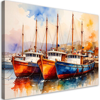 Lærred print, Farverige både Skibe i havnen