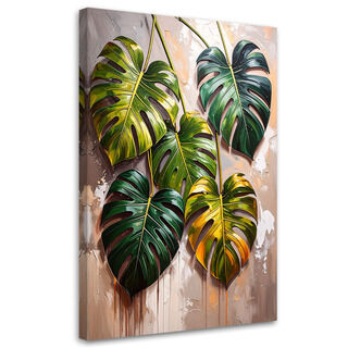 Lærred print, Monstera-blade på en malet baggrund