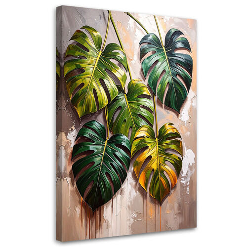 Lærred print, Monstera-blade på en malet baggrund