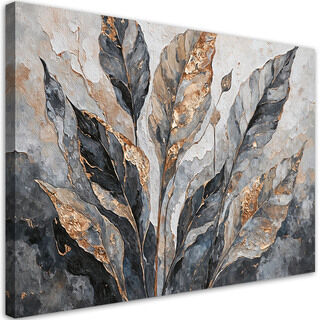 Lærred print, Abstrakte blade grå guld - (90x60)