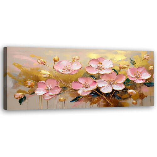 Lærred print, Abstrakt lyserøde blomster Glamour guld - (150x50)