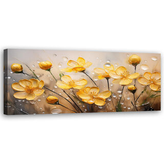 Lærred print, Gule Blomster Planter Rosenrøde Dråber - (150x50)