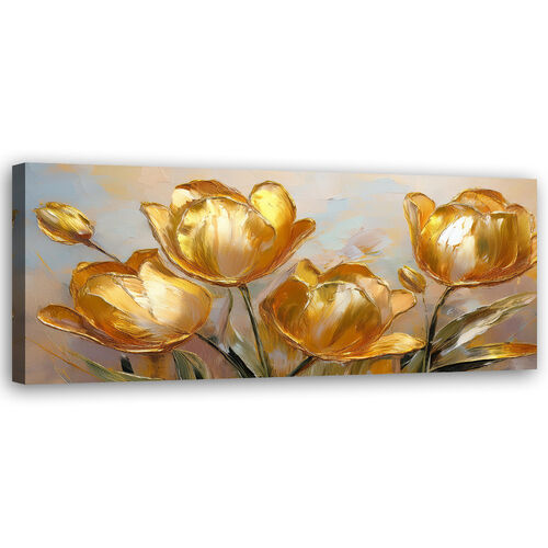 Lærred print, Gyldne tulipaner malede blomster - (150x50)