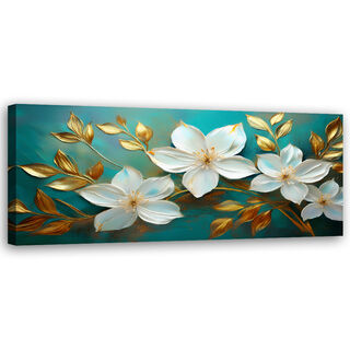 Lærred print, Hvide Blomster Guld Blade Turkis - (120x40)