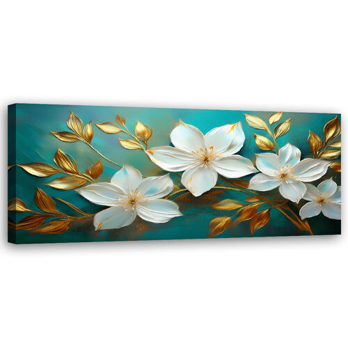 Lærred print, Hvide Blomster Guld Blade Turkis - (150x50)