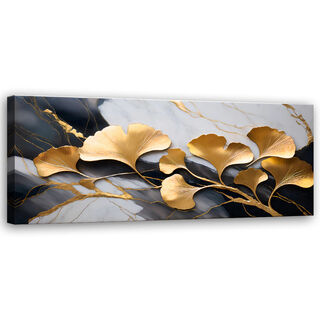 Lærred print, Ginko Botanicals Blomster Marmor Grå Guld - (150x50)