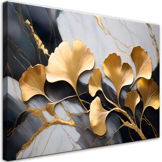 Lærred print, Ginko Botanicals Blomster Marmor Grå Guld - (90x60)