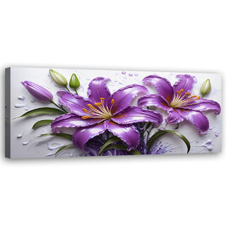 Lærred print, Blomster Lilla Liljer Vanddråber - (120x40)