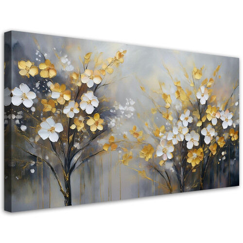 Lærred print, Abstrakt træblomster guld - (80x40)