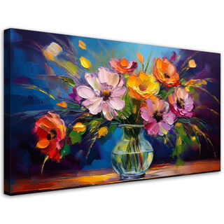 Lærred print, Farverig buket blomster i vase - (80x40)