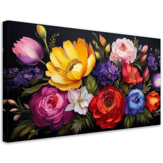 Lærred print, Blomstrende farverige blomsterbuket - (80x40)