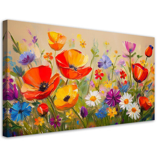 Lærred print, Valmuer farverige blomster på eng - (80x40)