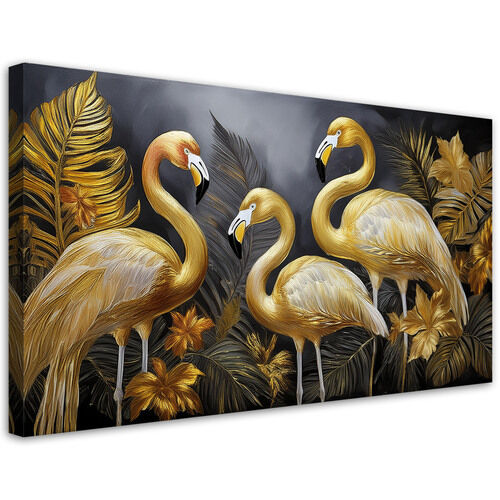 Lærred print, Guld Flamingos Fugle Glamour - (120x60)