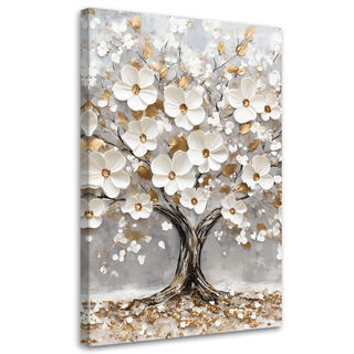 Lærred print, Livets træ Hvide blomsterblade forgyldte - (40x60)