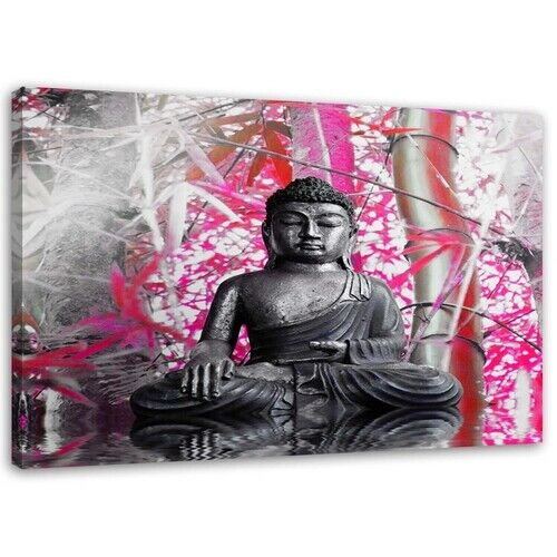 Lærred print, Buddha og lyserøde bambusblade