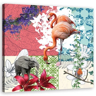 Lærred print, Flamingo, elefant og fugl