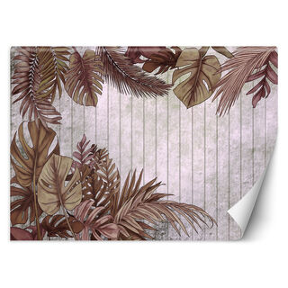 Wallpaper, Exotic leaves on a background of light-coloured boards