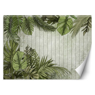 Wallpaper, Exotic leaves on a background of boards