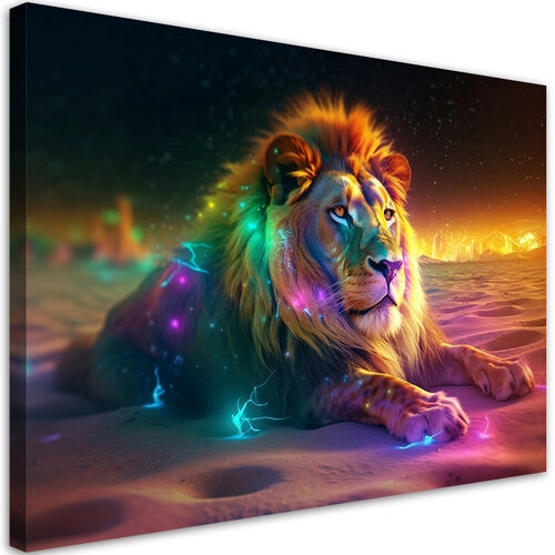 Lærred print, Animal AI Lion Abstraction Neon