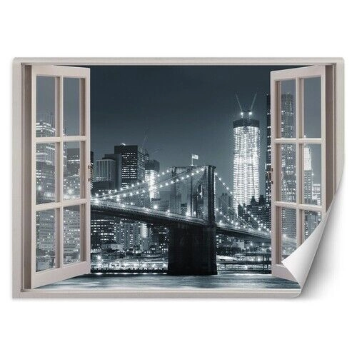 Fototapet, Vinduesudsigt New York City Brooklyn Bridge sort hvid