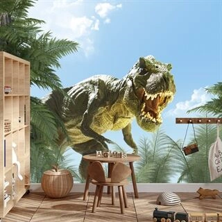 Fototapet Stor T-Rex Dinosaur Og Palmen