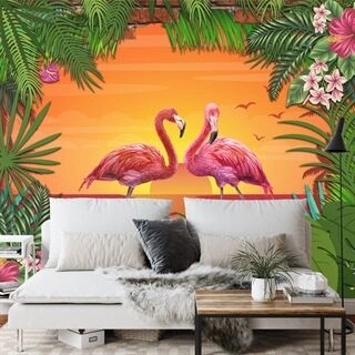 Fototapet Flamingoer Bag En Murstensvæg